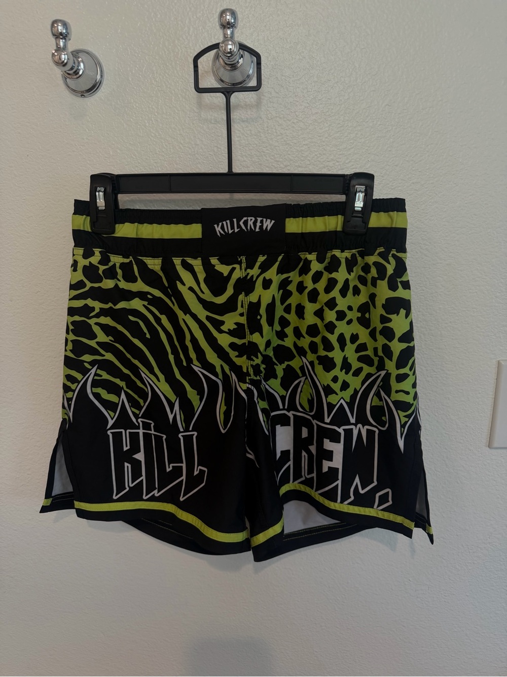 Kill Crew Neon Green & Black Athletic Shorts with Flame and Animal Print